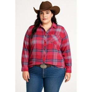 Orvis Womens Blouse‎ XL Red Blue Plaid Long Sleeve Button Up Shirt Top